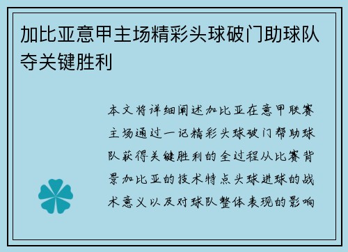 加比亚意甲主场精彩头球破门助球队夺关键胜利 加比亚意甲主场精彩头球破门助球队夺关键胜利