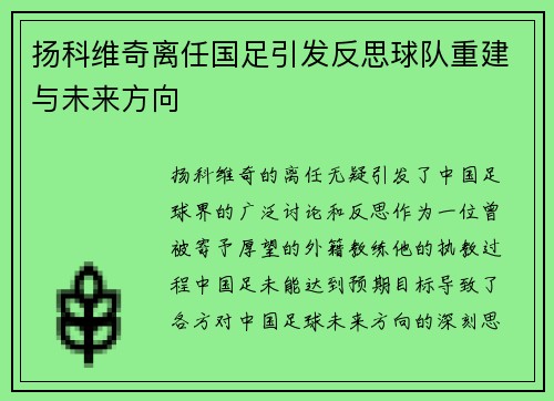 扬科维奇离任国足引发反思球队重建与未来方向 扬科维奇离任国足引发反思球队重建与未来方向